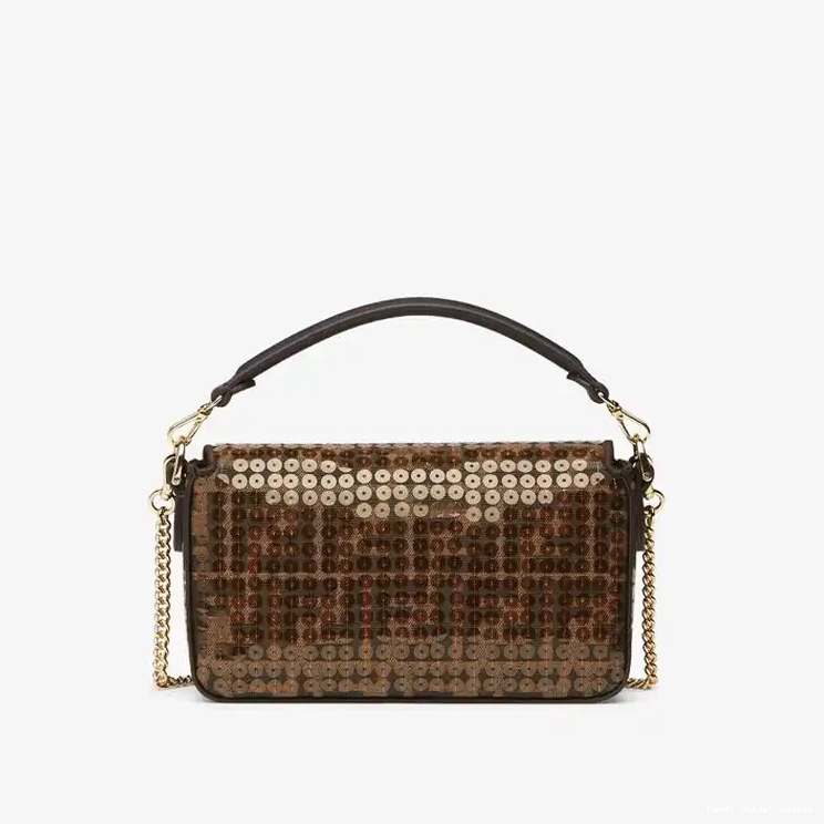 Affordable Mini Brown Motif Fabric with Sequins Baguette Bag FF Fendi In 0616